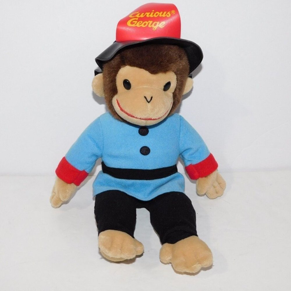 Vintage Gund Curious George as Fireman 14" Plush Stuffed Monkey Brown Blue Black